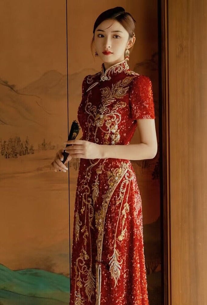 Aslinhanfu Floral embroidery, high end, wedding floor length Qipao