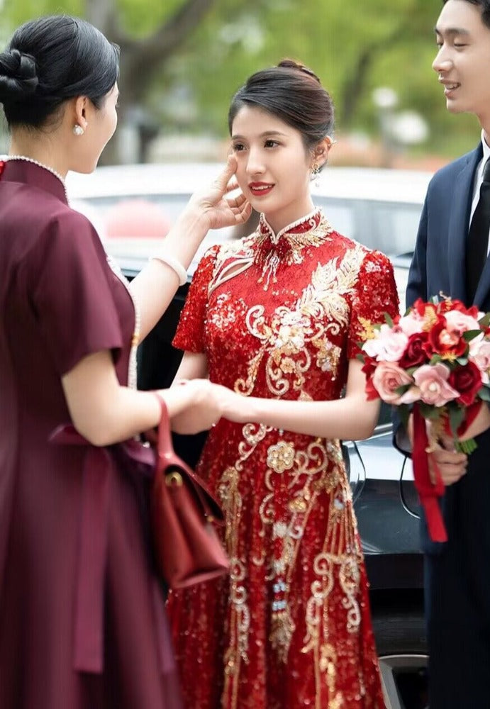 Aslinhanfu Floral embroidery, high end, wedding floor length Qipao
