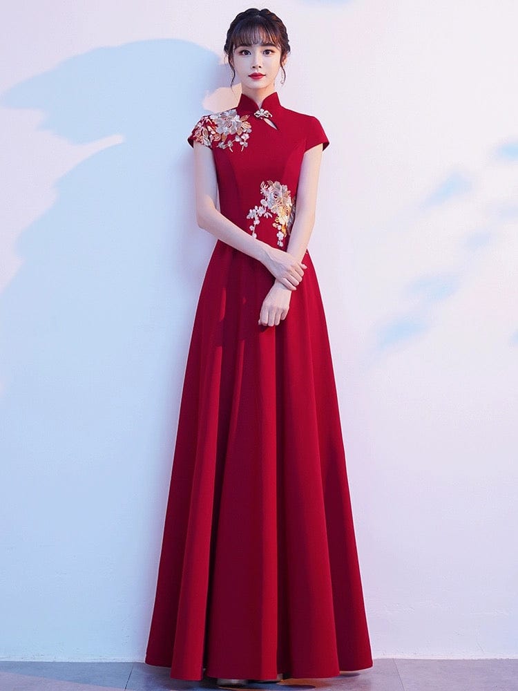 Aslinhanfu qipao Floral embroidery, wedding floor length plus size Qipao