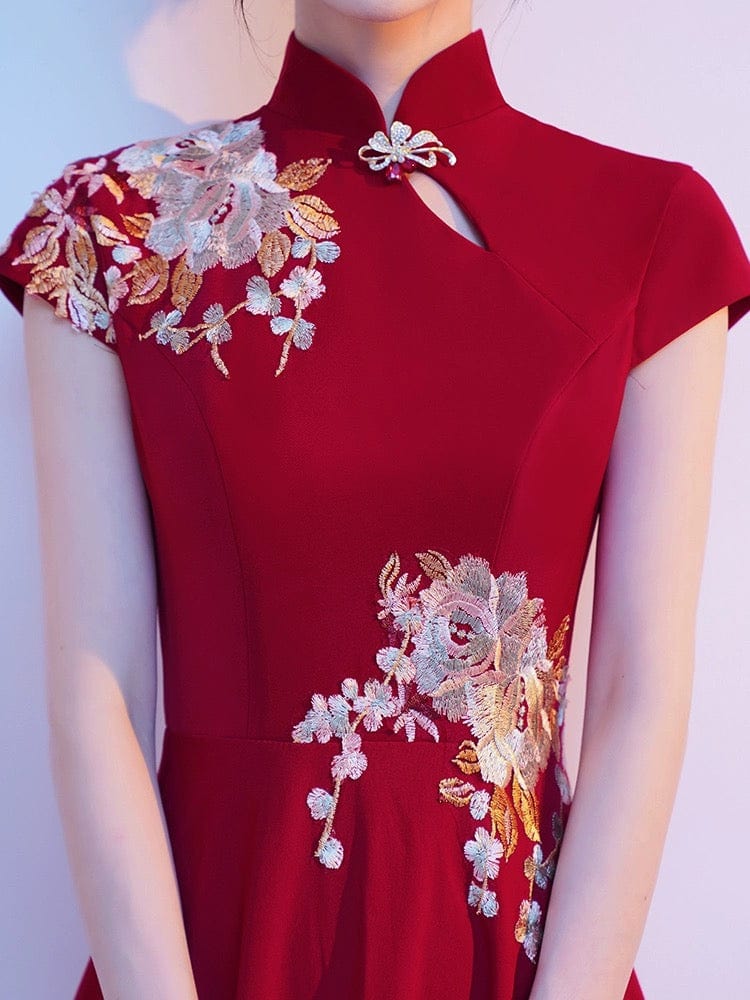Aslinhanfu qipao Floral embroidery, wedding floor length plus size Qipao