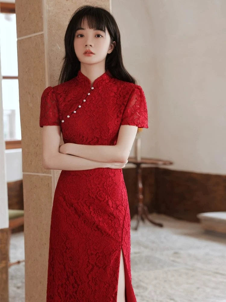Aslinhanfu qipao Floral pattern, lace long Cheongsam