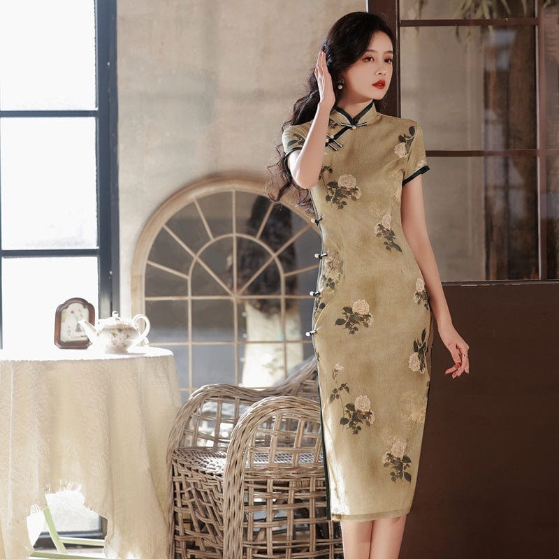 Floral pattern, jacquard fabric midi Qipao