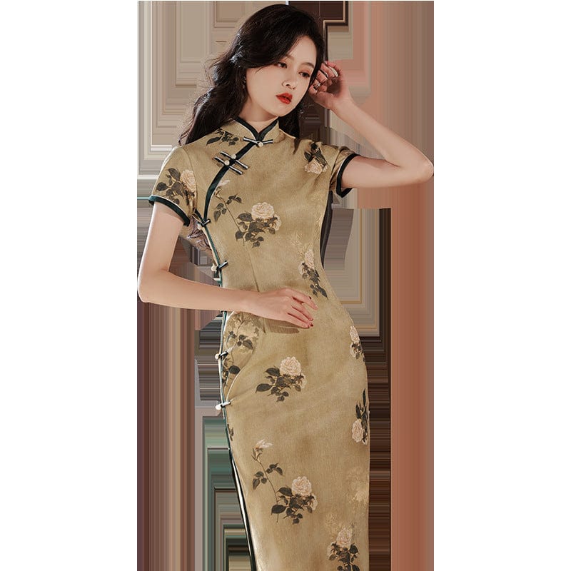 Floral pattern, jacquard fabric midi Qipao