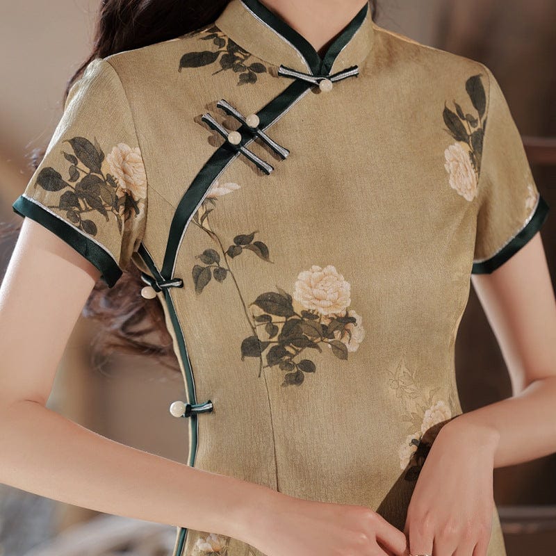Floral pattern, jacquard fabric midi Qipao