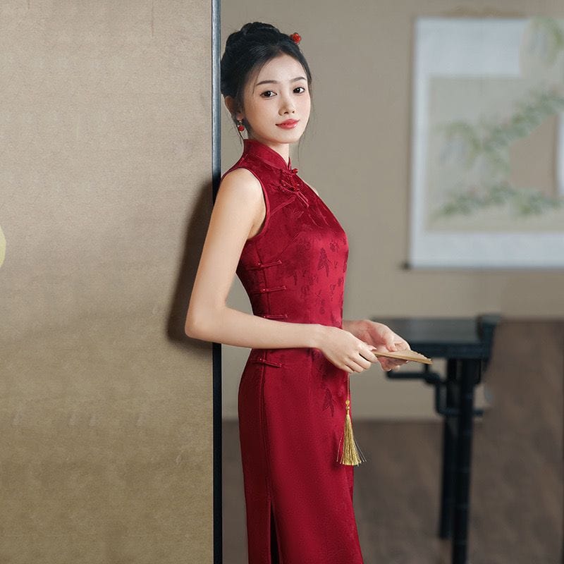Aslinhanfu New Chinese style (新中式), jacquard red midi Qipao