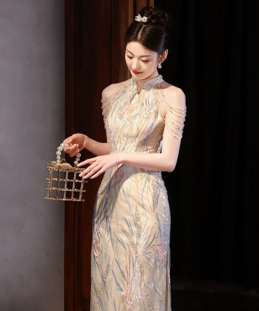 Aslinhanfu New Chinese style (新中式), sequins long Cheongsam
