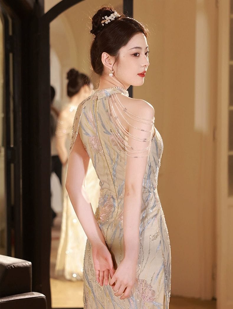 Aslinhanfu New Chinese style (新中式), sequins long Cheongsam