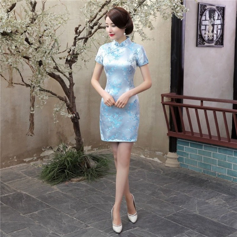 Aslinhanfu Plus size plum blossom, brocade fabric short Cheongsam