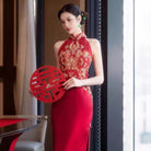 Aslinhanfu New Chinese style (新中式), floral embroidery, long red Cheongsam