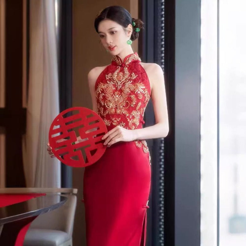 Aslinhanfu New Chinese style (新中式), floral embroidery, long red Cheongsam