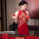 Aslinhanfu New Chinese style (新中式), floral embroidery, long red Cheongsam