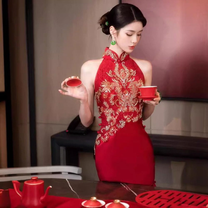Aslinhanfu New Chinese style (新中式), floral embroidery, long red Cheongsam