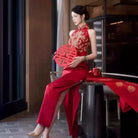 Aslinhanfu New Chinese style (新中式), floral embroidery, long red Cheongsam