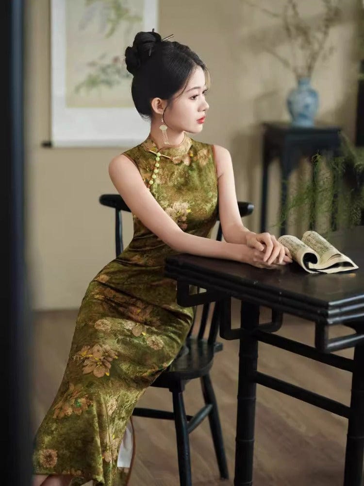 Aslinhanfu New Chinese style (新中式), floral pattern midi Cheongsam