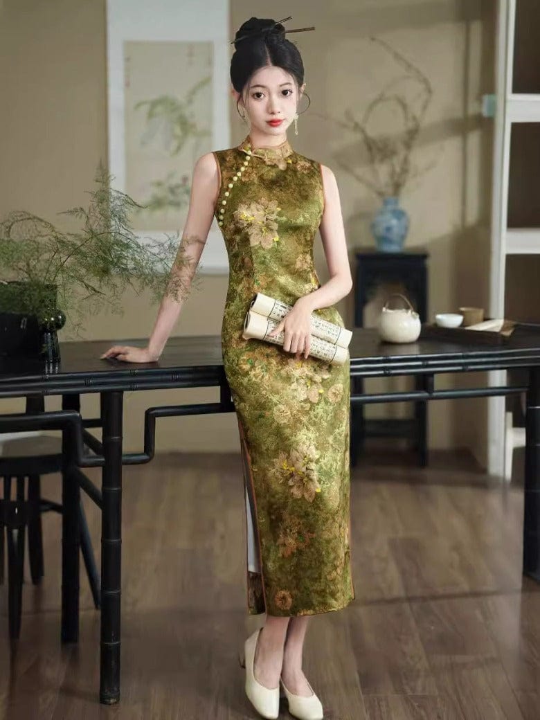 Aslinhanfu New Chinese style (新中式), floral pattern midi Cheongsam