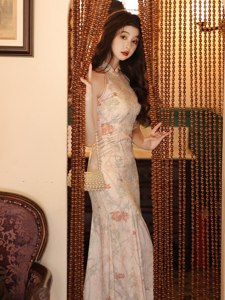 Aslinhanfu New Chinese style(新中式), sleeveless satin long Cheongsam