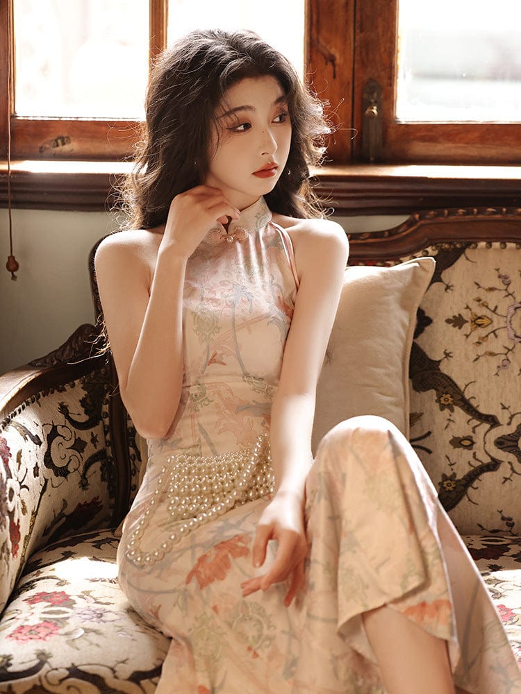 Aslinhanfu New Chinese style(新中式), sleeveless satin long Cheongsam