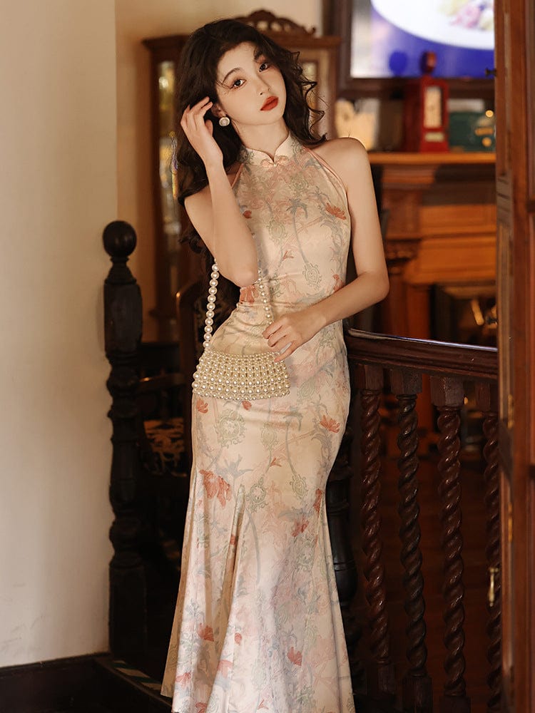 Aslinhanfu New Chinese style(新中式), sleeveless satin long Cheongsam