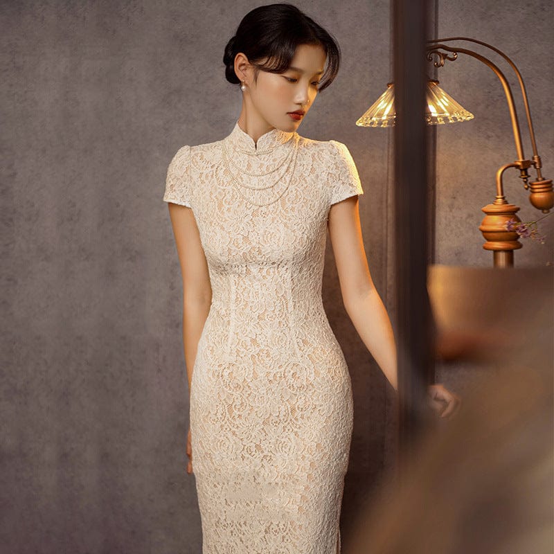 Aslinhanfu qipao Lace fabric, floral pattern, wedding long Cheongsam