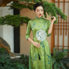Aslinhafnu Qipao-QCYJ Bamboo leaf pattern, silk satin long Ao dai