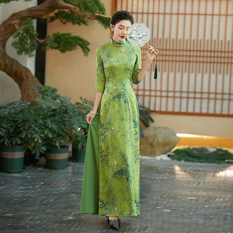Aslinhafnu Qipao-QCYJ Bamboo leaf pattern, silk satin long Ao dai