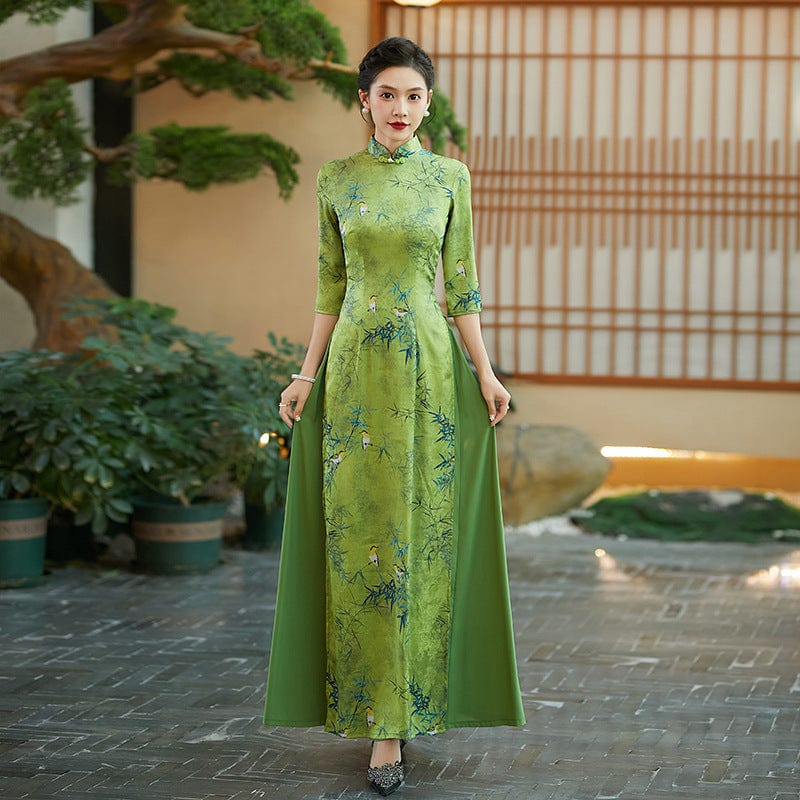 Bamboo leaf pattern, silk satin long Ao dai
