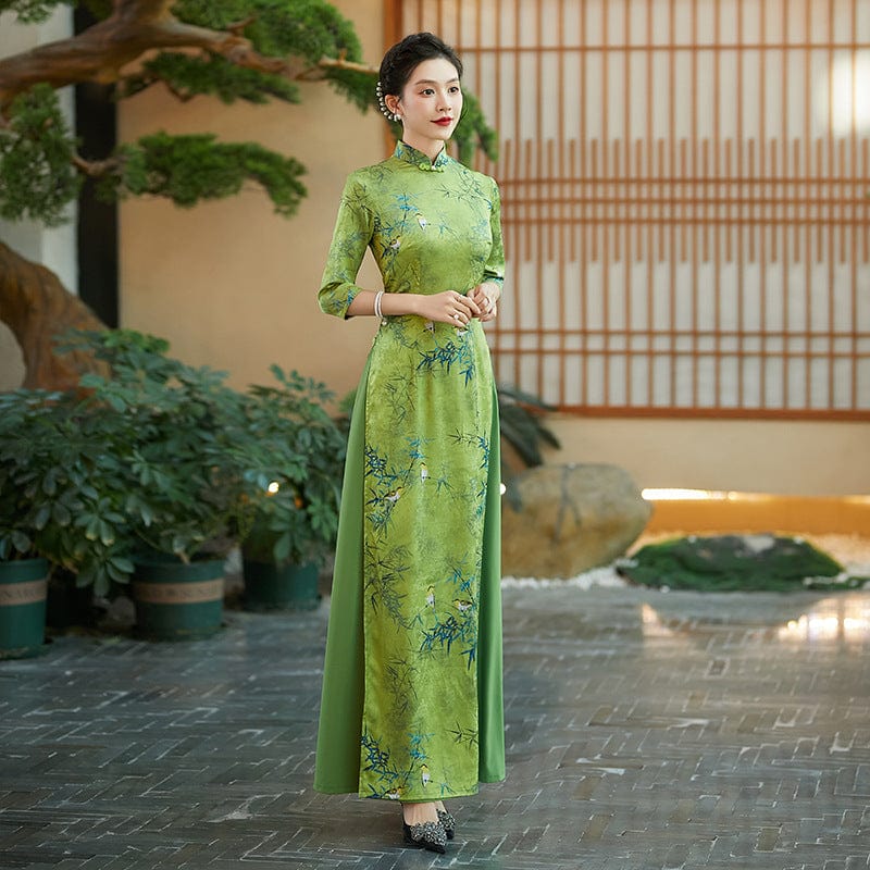 Aslinhafnu Qipao-QCYJ Bamboo leaf pattern, silk satin long Ao dai