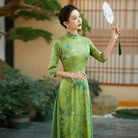 Aslinhafnu Qipao-QCYJ Bamboo leaf pattern, silk satin long Ao dai