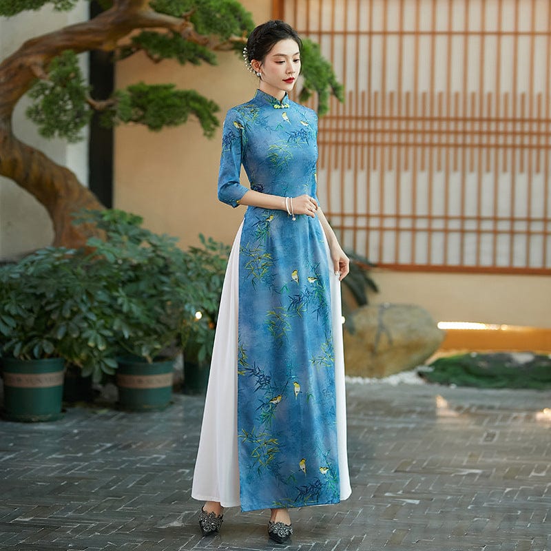 Aslinhafnu Qipao-QCYJ Bamboo leaf pattern, silk satin long Ao dai