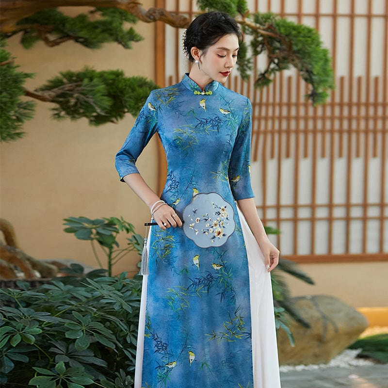 Aslinhafnu Qipao-QCYJ Bamboo leaf pattern, silk satin long Ao dai