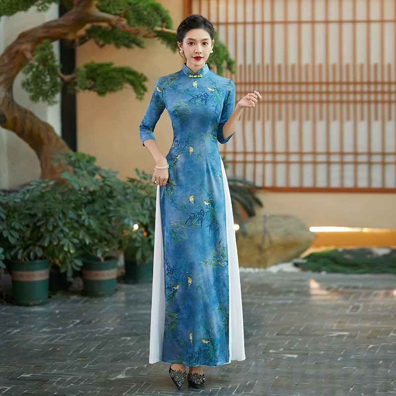 Aslinhafnu Qipao-QCYJ Bamboo leaf pattern, silk satin long Ao dai