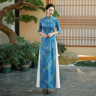 Aslinhafnu Qipao-QCYJ Bamboo leaf pattern, silk satin long Ao dai