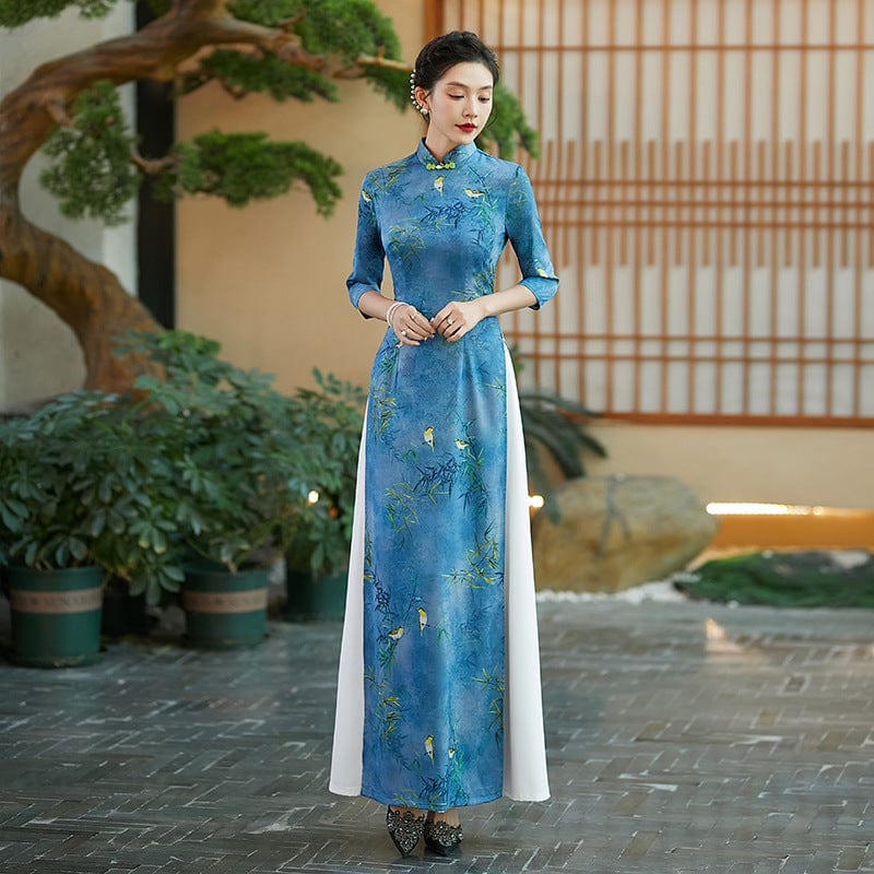 Aslinhafnu Qipao-QCYJ Bamboo leaf pattern, silk satin long Ao dai