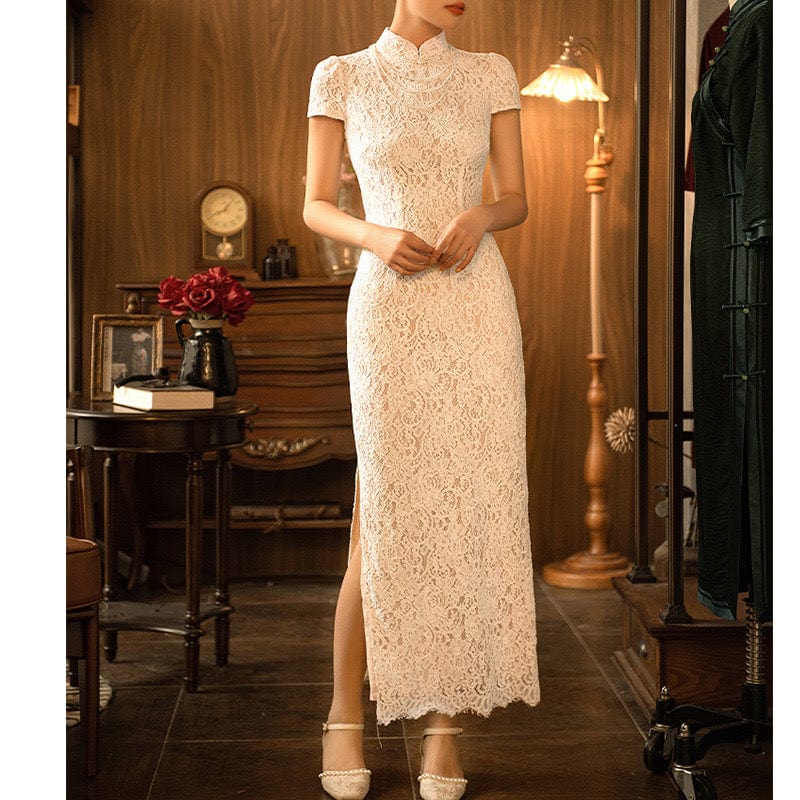 Aslinhanfu qipao Lace fabric, floral pattern, wedding long Cheongsam