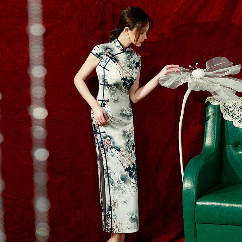 Aslinhanfu Floral pattern silk long Cheongsam