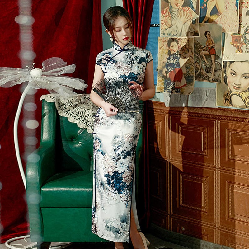 Aslinhanfu Floral pattern silk long Cheongsam
