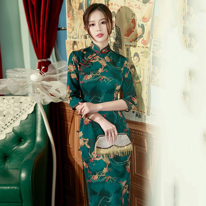 Aslinhanfu Qipao Old Shanghai style, green long Cheongsam