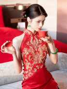 Aslinhanfu New Chinese style (新中式), floral embroidery, long red Cheongsam