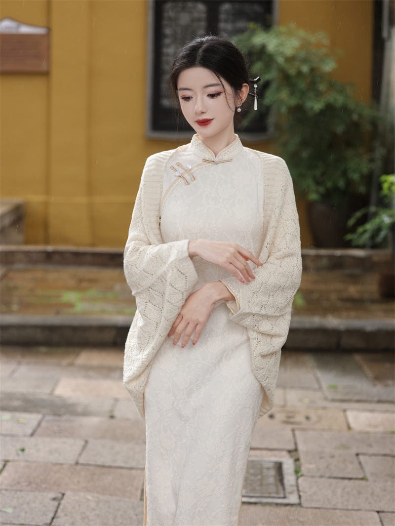 Aslinhanfu Fall and winter colleciton, openwork design, knitting Qipao Shawl
