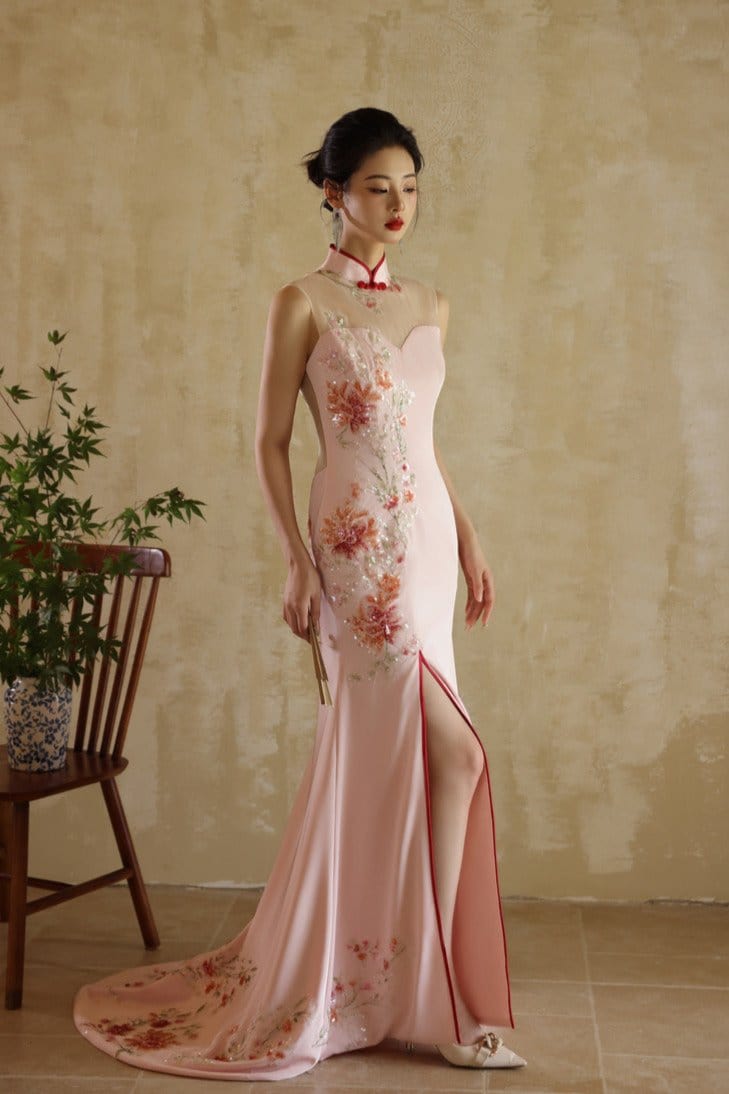 Aslinhanfu Exclusive designer collection, floral embroidery, halter fishtail Cheongsam