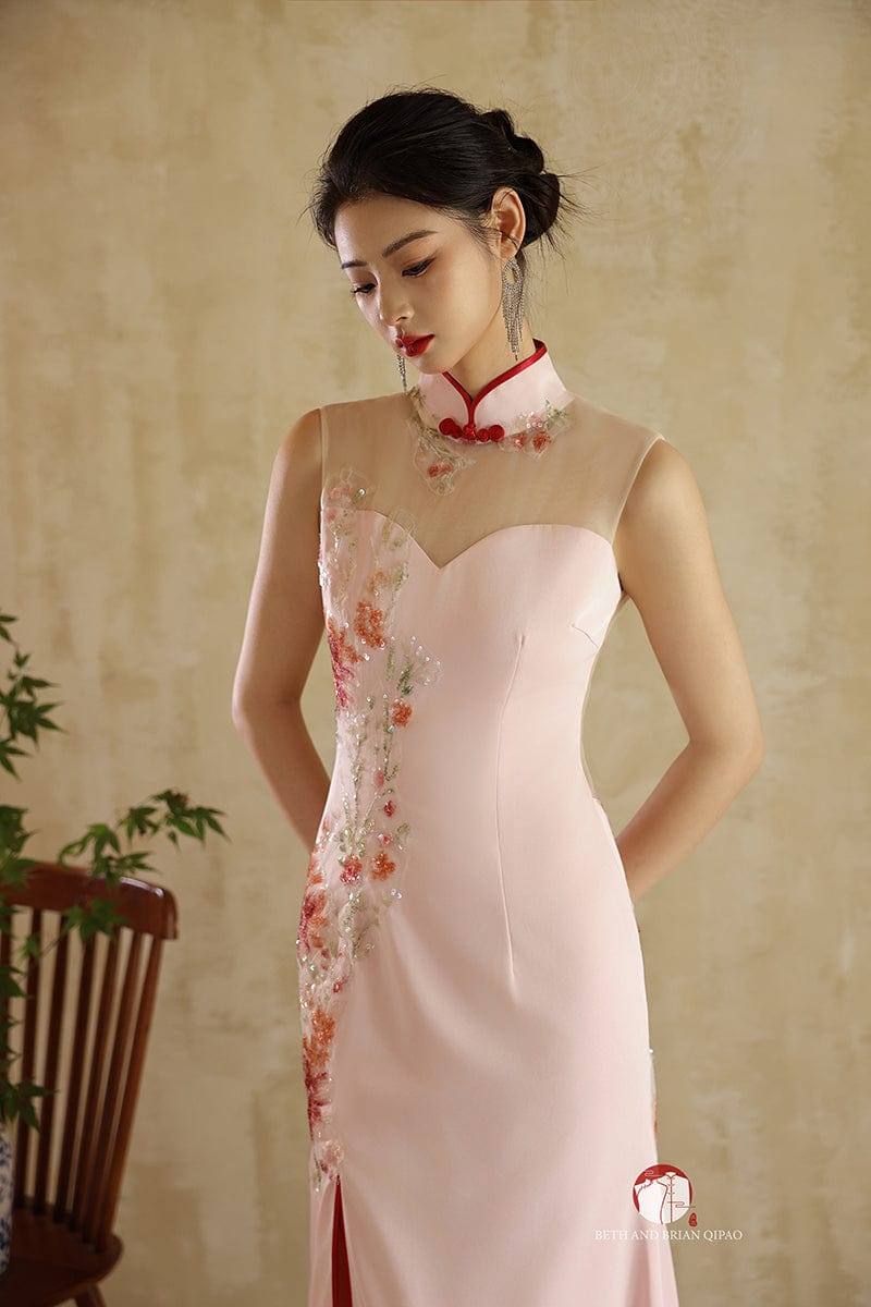 Aslinhanfu Exclusive designer collection, floral embroidery, halter fishtail Cheongsam