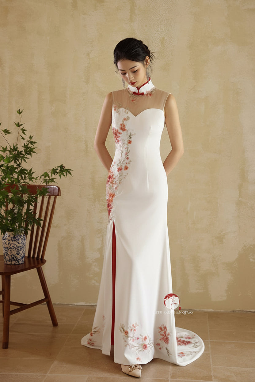 Aslinhanfu Exclusive designer collection, floral embroidery, halter fishtail Cheongsam