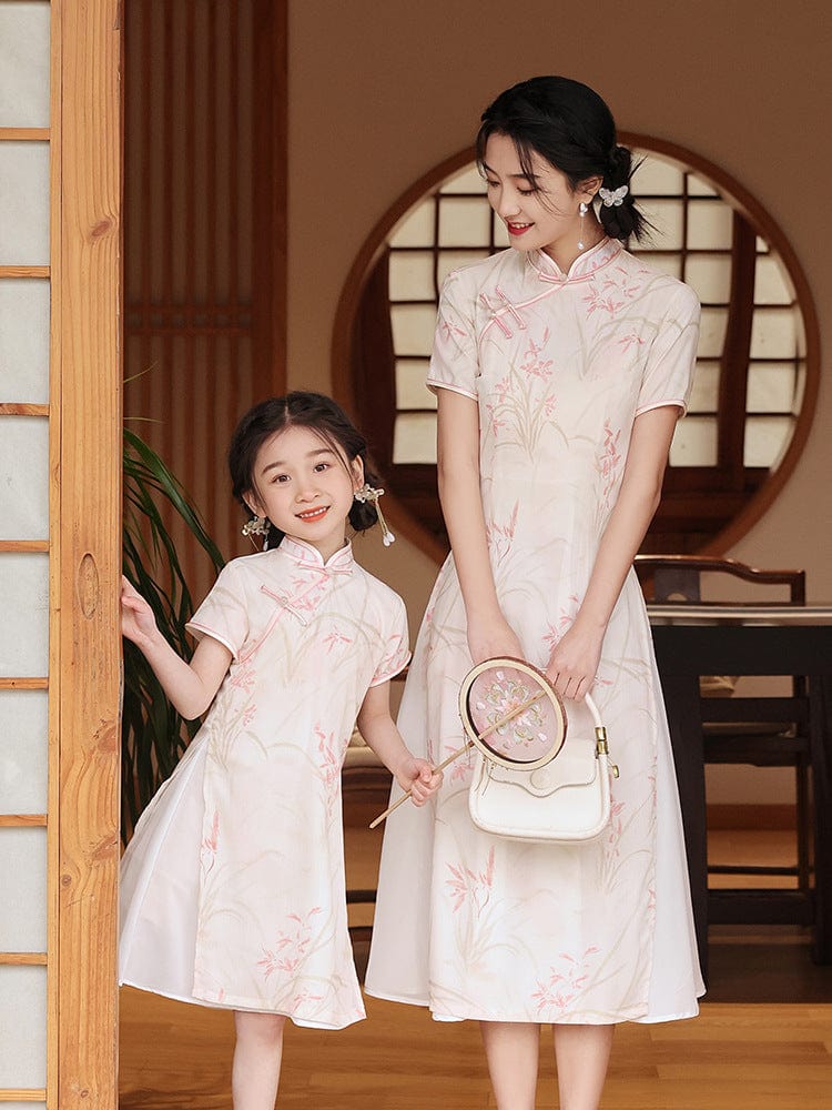Aslinhafnu qipao Parent-child outfit, floral pattern midi Cheongsam