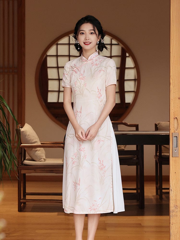 Aslinhafnu qipao Parent-child outfit, floral pattern midi Cheongsam