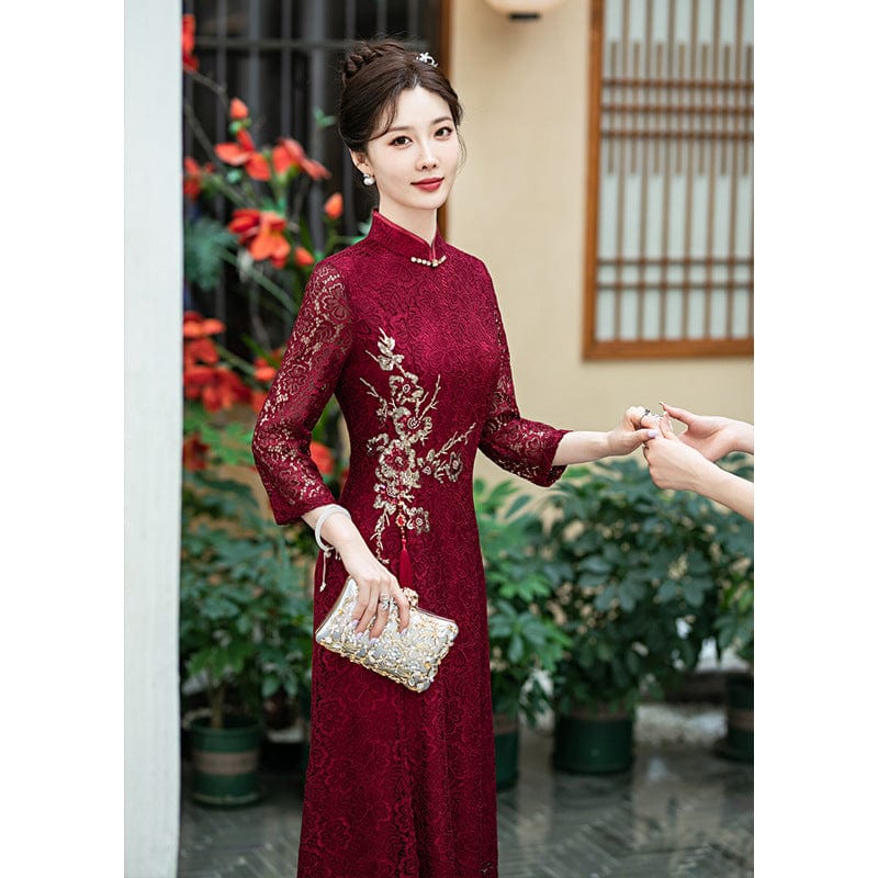 Aslinhanfu-HY Floral pattern, mid-length, lace midi Cheongsam