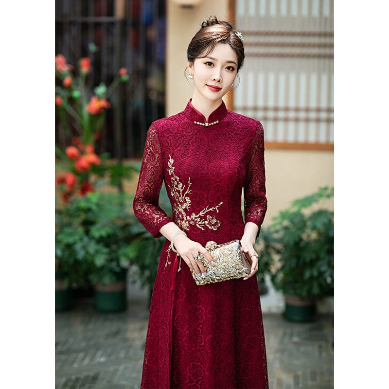 Aslinhanfu-HY Floral pattern, mid-length, lace midi Cheongsam