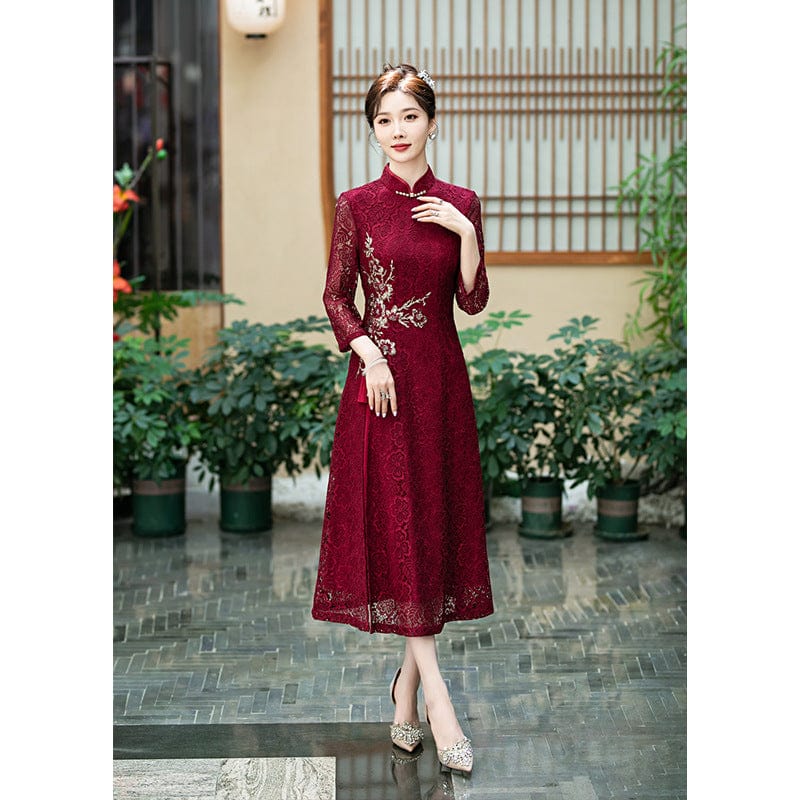 Aslinhanfu-HY Floral pattern, mid-length, lace midi Cheongsam