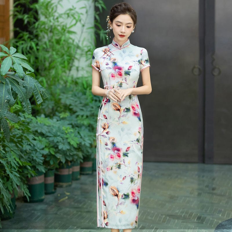 Rose print, 19 mome mulberry silk, high-end long Cheongsam