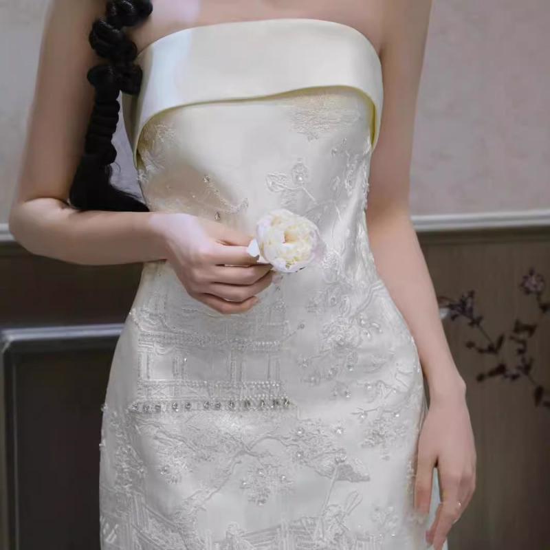 Aslinhanfu Tube top, high-end, white floor-length Cheongsam