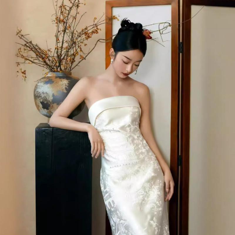 Aslinhanfu Tube top, high-end, white floor-length Cheongsam